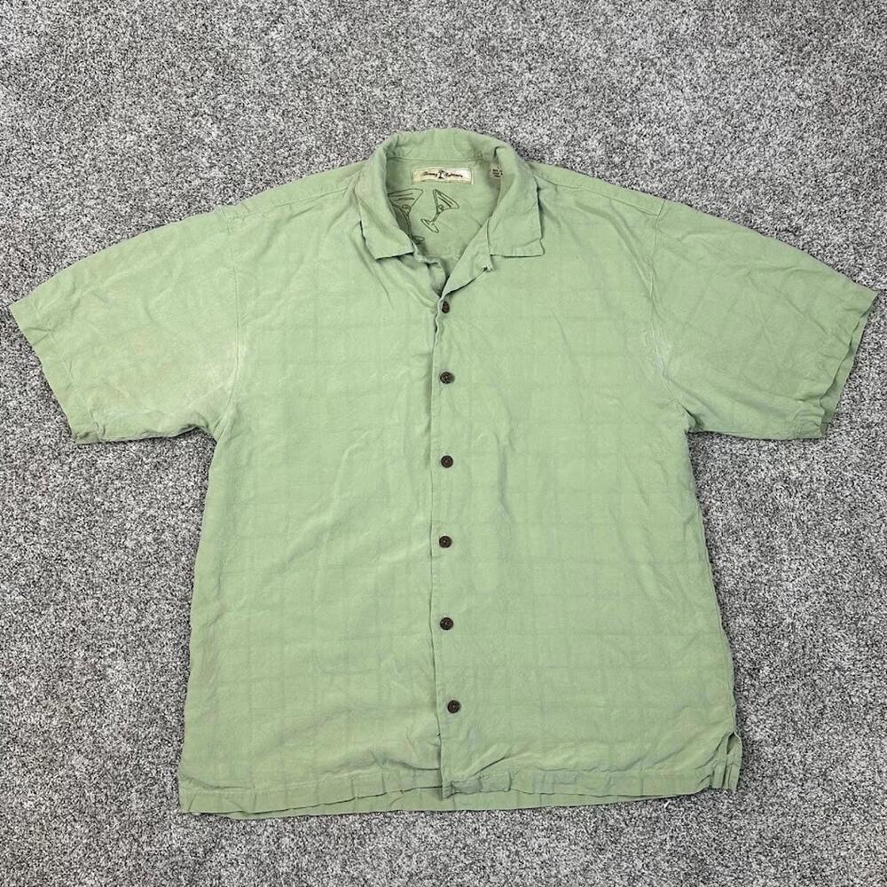 Tommy Bahama 100% Silk Martini Green Wood Buttons Shirt Mens Size Large Vacation